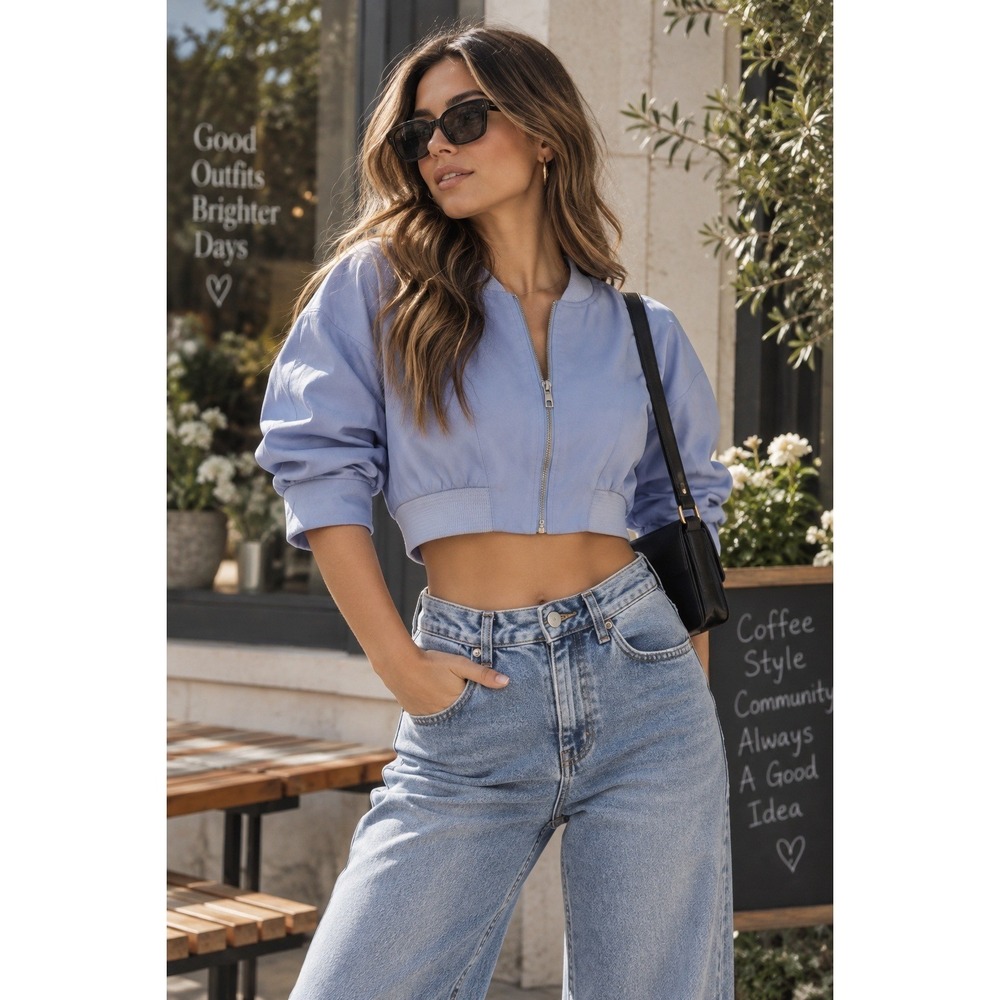Aliette Jacket Women Medium Blue Bomber Streetwear Cropped Vegan Leather